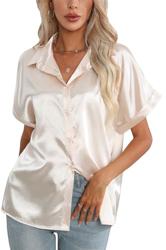 Maeau Damen Kurzarmhemd Satin Seide Kurzarmshirt Business V-Ausschnitt Seidenbluse Einfarbig Elegant Freizeithemd Stehtkragen Frauen Arbeitsshirt Knopf Locker Satinhemd 2XL von Maeau