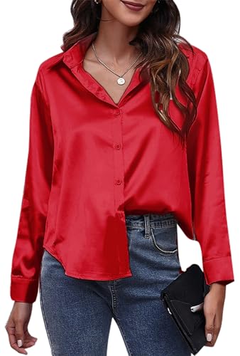 Maeau Damen Langarmhemd Satin Seide Langarmshirt Business V-Ausschnitt Seidenbluse Einfarbig Elegant Freizeithemd Stehtkragen Frauen Arbeitsshirt Knopf Locker Satinhemd 2XL von Maeau