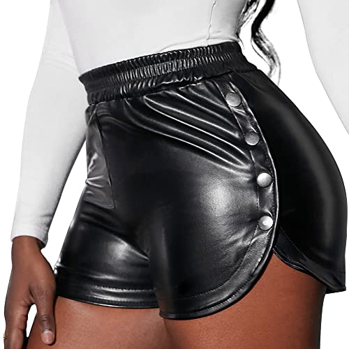 Maeau Damen Ledershort Hohe Taille Schwarz Leder Short Pu Lederoptik Kurze Hose Skinny Sexy Stretch Hotpants Kunstleder Schnürung Casual Short - 2XL von Maeau