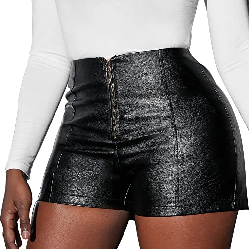 Maeau Damen Ledershort Hohe Taille Schwarz Leder Short Pu Lederoptik Kurze Hose Skinny Sexy Stretch Hotpants Kunstleder Schnürung Casual Short - 2XL von Maeau