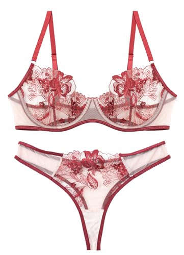 Maeau Damen Lingerie Sets Spitzen BH Und Tanga Set Mesh Transparent Thong Unterhosen Push Up Lace Bra Dünn Floraler Spitze Hipster Bralette M von Maeau
