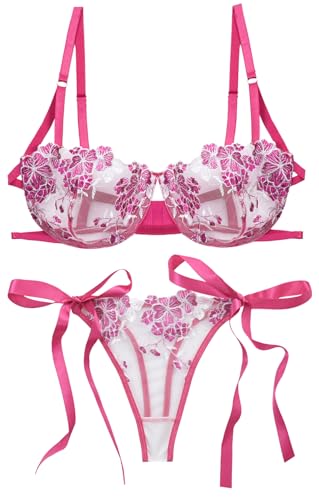 Maeau Damen Lingerie Sets Spitzen BH Und Tanga Set Mesh Transparent Thong Unterhosen Push Up Lace Bra Dünn Floraler Spitze Hipster Bralette S von Maeau