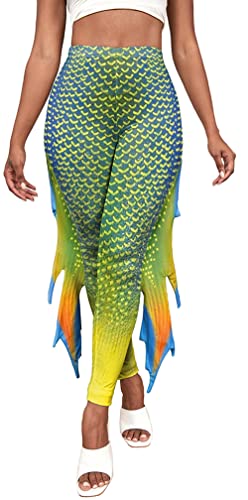 Maeau Damen Meerjungfrau Hosen Hohe Taille Fischschuppen Strumpfhosen Skinny Push Up Halloween Kostüm Glänzend Tights Yogahose Fisch Skala Yoga Print Leggings mit Flossen - S von Maeau