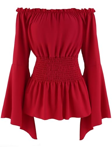 Maeau Damen Mittelalter Kleidung Renaissance Rüschenbluse Steampunk Vintage Langarmshirt Schulterfrei Viktorianische Bluse L von Maeau