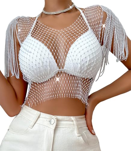 Maeau Damen Netz Shirt Glänzende Mesh Top Strasssteine Fischnetz Oberteil Pailletten Netzhemd Transparent Crop Top Kristall Funkelnde Tanktop Crystal Clubwear S von Maeau