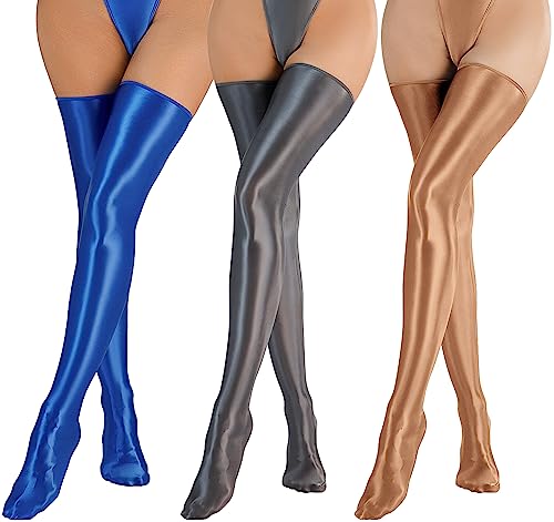 Maeau Damen Öl Glänzende Halterlose Strümpfe Sexy Glatte Overknees Strümpfe Gotik Dehnbar Strümpfe Damen 3er Einheitsgröße Stocking von Maeau