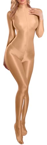 Maeau Damen Overall Öl Glänzend Ganzkörperanzug Leicht Durchsichtig Bodystocking Elastisch Sportbody XL von Maeau