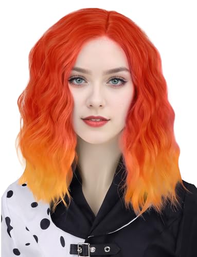 Maeau Damen Perücken Lockige Schulterlange Perücken Synthetische Bob Perücke Farbverlauf Karneval Perücken Kunstfaser Wave Orange Perücken für Party Fasching von Maeau
