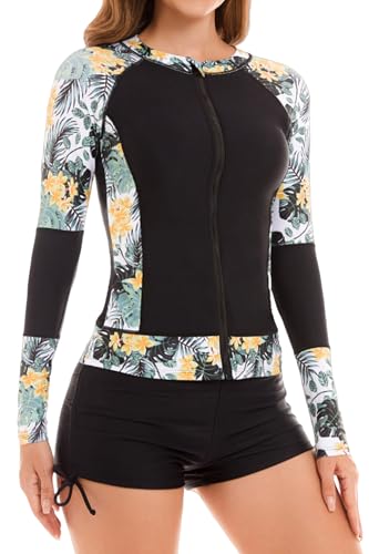 Maeau Damen Rash Guard Langarm Bademode Set Zweiteiler Badeanzug Schwimmshirt Frontreißverschluss Badeshirt Schwimshorts für Wassersport S von Maeau