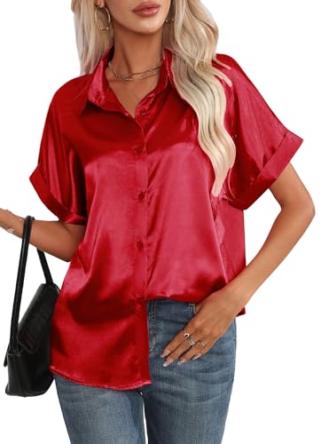 Maeau Damen-Satin-Hemdbluse, Button-Down-Shirt, Damen-Büro-Tops, kurzärmelig, lässig, lockere Arbeit, V-Ausschnitt, Seidenbluse, Hemd, Sommer, rot, L Maeau Damen-Satin-Hemdbluse, Button-Down-Shirt, Damen-Büro-Tops, kurzärmelig, lässig, lockere Arbeit, V-Ausschnitt, Seidenbluse, Hemd, Sommer, rot, L von Maeau