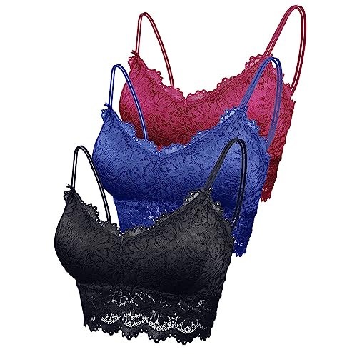 Maeau Damen Sport BH Spitze Blau Schwarz Weinrot 3er Pack BH Baumwolle Ohne Bügel Set 70A 70B 70C 70D 75A 75B BH Push Up Yoga Bra Fraune BH Top Set M Crop BH Top Polster Gepolstert Bustier Camisole von Maeau