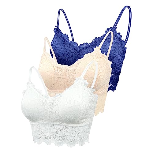 Maeau Damen Sport BH Spitze Weiß Blau Hautfarben 3er Pack BH Baumwolle Ohne Bügel Set 70A 70B 70C 70D 75A 75B BH Push Up Yoga Bra Fraune BH Top Set M Crop BH Top Polster Gepolstert Bustier Camisole von Maeau