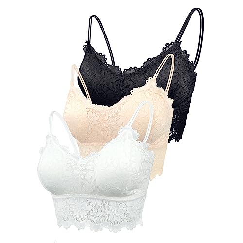Maeau Damen Sport BH Spitze Weiß Schwarz Hautfarben 3er Pack BH Baumwolle Ohne Bügel Set 75C 75D 80A 80B 80C BH Push Up Yoga Bra Fraune Bralette Crop BH Top Set L Polster Gepolstert Bustier Camisole von Maeau