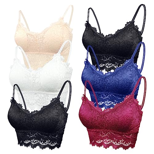 Maeau Damen Sport BH Spitze Weiß Schwarz Königsblau 6er Pack BH Baumwolle Ohne Bügel Set 75C 75D 80A 80B 80C BH Push Up Yoga Bra Fraune Bralette Crop BH Top Set L Polster Gepolstert Bustier Camisole von Maeau