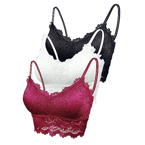 Maeau Damen Sport BH Spitze Weiß Schwarz Weinrot 3er Pack BH Baumwolle Ohne Bügel Set 80D 85A 85B 85C 85D BH Push Up Yoga Bra Fraune Bralette Crop BH Top Set XL Polster Gepolstert Bustier Camisole von Maeau