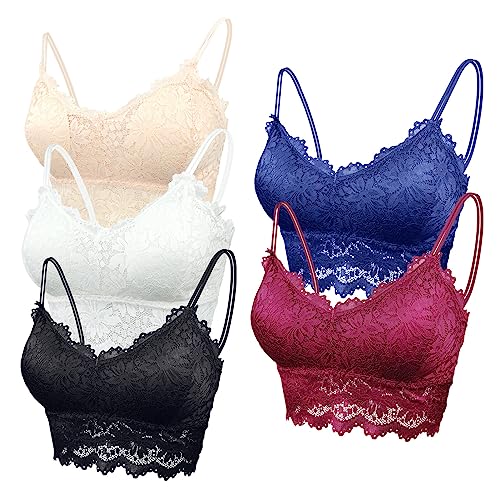 Maeau Damen Sport BH Spitze Weiß Schwarz Weinrot 5er Pack BH Baumwolle Ohne Bügel Set 75C 75D 80A 80B 80C BH Push Up Yoga Bra Fraune Bralette Crop BH Top Set L Polster Gepolstert Bustier Camisole von Maeau