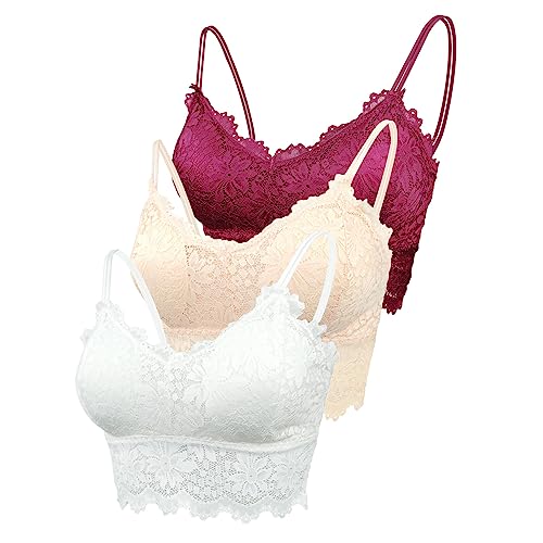 Maeau Damen Sport BH Spitze Weiß Weinrot Hautfarben 3er Pack BH Baumwolle Ohne Bügel Set 80D 85A 85B 85C 85D BH Push Up Yoga Bra Fraune Bralette Crop BH Top Set XL Polster Gepolstert Bustier Camisole von Maeau