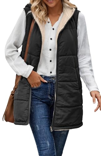 Maeau Damen Steppweste Bodywarmer Winterweste Fleece Gefüttert Lange Kapuzen Daunenjacke Damen Winter Ärmellos Mantel Warme Weste Outwear Zip Up Cardigan S-3XL, Schwarz , 3XL von Maeau