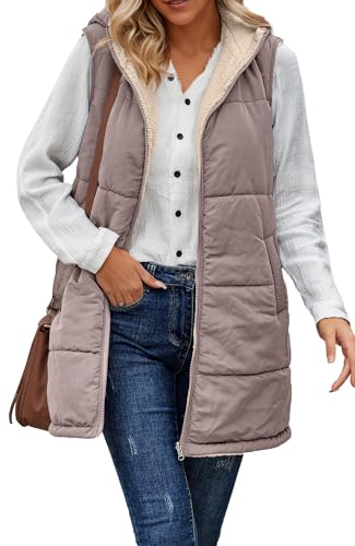 Maeau Damen Steppweste Bodywarmer Winterweste Fleece Gefüttert Lange Kapuzen Daunenjacke Damen Winter Ärmellos Mantel Warme Weste Outwear Zip Up Cardigan S-3XL, braun, 3XL von Maeau