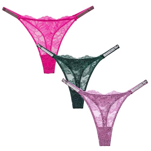 Maeau Damen String 3er Pack Spitze Tanga Dünn Elastische Unterhosen Niedrig Taille G-String Durchsichtig Strasssteine Spitzenslips Mehrpack T-Hosen EU S (Asie M) von Maeau