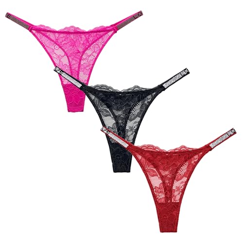 Maeau Damen String 3er Pack Spitze Tanga Dünn Elastische Unterhosen Niedrig Taille G-String Durchsichtig Strasssteine Spitzenslips Mehrpack T-Hosen EU S (Asie M) von Maeau