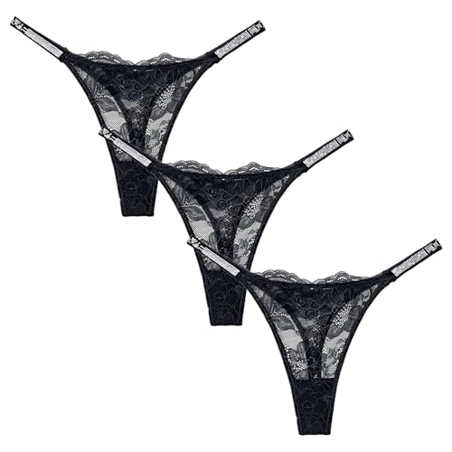 Maeau Damen String 3er Pack Spitze Tanga Dünn Elastische Unterhosen Niedrig Taille G-String Durchsichtig Strasssteine Spitzenslips Mehrpack T-Hosen EU S (Asie M) von Maeau