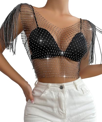 Maeau Damen Tanktop Mesh Ärmellose Tops Y2k Netzoberteil Pailletten Fischnetz Shirts Crop Top Strasssteine Netz Weste Shiny Crystal Tank Weste Club Wear L von Maeau
