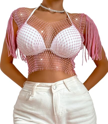 Maeau Damen Tanktop Mesh Ärmellose Tops Y2k Netzoberteil Pailletten Fischnetz Shirts Crop Top Strasssteine Netz Weste Shiny Crystal Tank Weste Club Wear S von Maeau