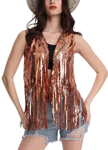 Maeau Damen Weste Fransen Pailletten Vest Ärmellose Sparkle Cardigan Quaste Saum Jacke Glänzende Streetwear für Rave Festliche Club Party M von Maeau
