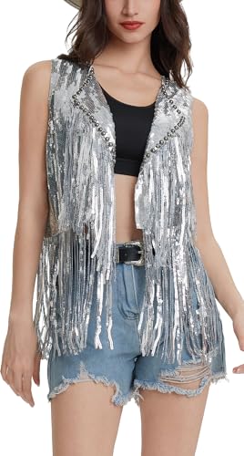 Maeau Damen Weste Fransen Pailletten Vest Ärmellose Sparkle Cardigan Quaste Saum Jacke Glänzende Streetwear für Rave Festliche Club Party M von Maeau