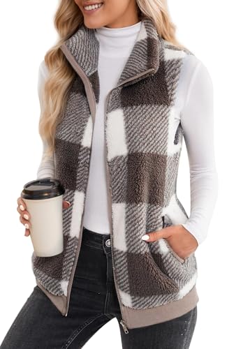 Maeau Damen Weste Warm Plüsch Weste Verdickter Fleece Weste Kariert Teddy Weste Reißverschluss Winterweste Ärmellos Kuscheljacke für Winter Herbst Frühling S von Maeau