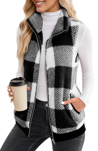Maeau Damen Weste Warm Plüsch Weste Verdickter Fleece Weste Kariert Teddy Weste Reißverschluss Winterweste Ärmellos Kuscheljacke für Winter Herbst Frühling S von Maeau