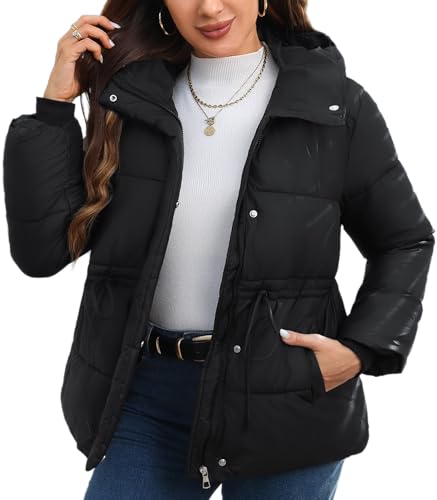 Maeau Damen Winter Jacke Gefütterte Stehkragen Kapuzenjacke Leicht Tunnelzug Steppjacke Baumwolljacke 3XL von Maeau