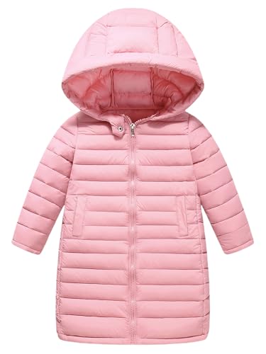 Maeau Daunen Jacke Mädchen Steppjacke Warm Leicht Pufferjacke Mittellange Wintermantel Jungen Thermo Daunenjacke Winddicht Übergangsjacke mit Kapuze Rosa 7-8 Jahre von Maeau