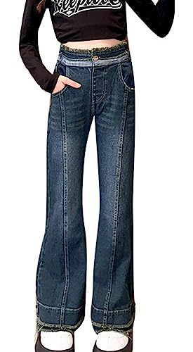 Maeau Denim Jeanshose Mädchen Stretch Skinny Schlaghose Mädchen Retro Y2K Jeanshosen Casual Blau Glockenhose Bodenlanges Flared Pants Geschlitztes Ausgestellte Hose Hoher Taille Freizeithose 150 von Maeau