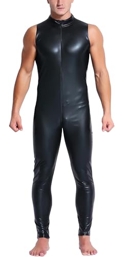 Maeau Einteiler Bodysuit Männer Ärmellose Muskelshirt Lack Leder Unterhemd Reißverschlüsse Nachtclub Kostüm Offener Schritt Jumpsuit L von Maeau