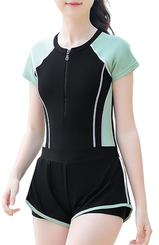 Maeau Einteiliger Badeanzug Mädchen 11 12 13 Jahre UV Schutz Badebekleidung Kinder Badeanzug Kurzarm Schwimmanzug mit Bein Badeshorts Shorts Bademode Training Sport Schwimmen Strand Rash Guard Grün von Maeau