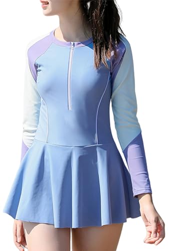 Maeau Einteiliger Badeanzug Mädchen 11 12 13 Jahre UV Schutz Badebekleidung Kinder Schwimmanzug Zweiteiler Badeanzug Langarm mit Reißverschluss Vorne Rock Badeshorts Bein Bademode Training Blau von Maeau