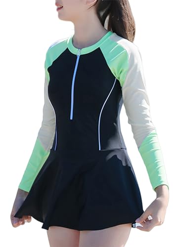 Maeau Einteiliger Badeanzug Mädchen 11 12 13 Jahre UV Schutz Badebekleidung Kinder Schwimmanzug Zweiteiler Badeanzug Langarm mit Reißverschluss Vorne Rock Badeshorts Bein Bademode Training Schwarz von Maeau