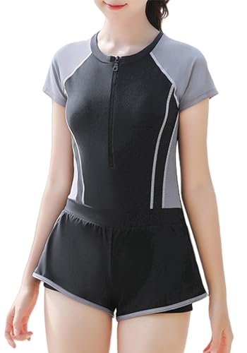Maeau Einteiliger Badeanzug Mädchen 14 15 16 Jahre UV Schutz Badebekleidung Kinder Badeanzug Kurzarm Schwimmanzug mit Bein Badeshorts Shorts Bademode Training Sport Schwimmen Strand Rash Guard Grau von Maeau
