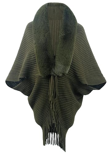 Maeau Elegant Schal Damen Warm Strick Poncho Fellkragen Cardigan Capes Braun Fransen Strickpullover Capes Flauschiger Kragen Pullover Cape von Maeau