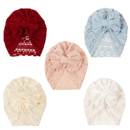 Maeau Erstlingsmütze Baby Unisex Beanie Mütze 0-3 Jahre Baumwolle Turban Hut Mädchen 5er Pack Babymütze Jungen Kleinkind Infant Hut Neugeborenen Schleife Beanie Hut von Maeau