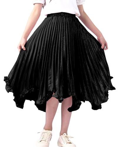Maeau Faltenrock Lang Kinder Mädchen Chiffon Plissee Rock Mittellange Midi Faltenröcke 11 12 Jahre Schwarz A Linien Röcke Elastische Hohe Taille Glitzer Gefaltete Rock Sommer Glänzender Schule von Maeau