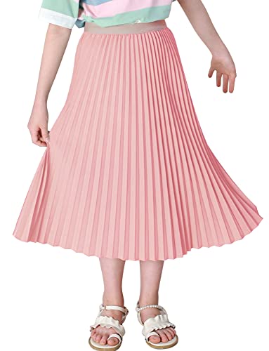 Maeau Faltenrock Lang für Mädchen Chiffon Plissee Rock Kinder Mädchen Mittellange Midi Faltenröcke 13 14 Jahre 160 Rosa A Linien Röcke Elastische Hohe Taille Gefaltete Rock Sommer Frühling Strand von Maeau