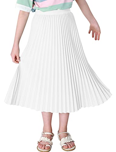 Maeau Faltenrock Lang für Mädchen Chiffon Plissee Rock Kinder Mädchen Mittellange Midi Faltenröcke 13 14 Jahre 160 Weiß A Linien Röcke Elastische Hohe Taille Gefaltete Rock Sommer Frühling Strand von Maeau