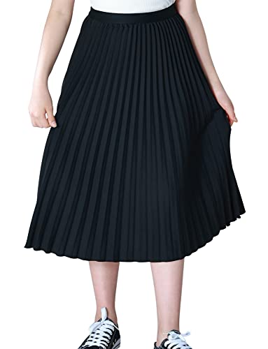 Maeau Faltenrock Lang für Mädchen Chiffon Plissee Rock Kinder Mädchen Mittellange Midi Faltenröcke 5 6 Jahre 120 Schwarz A Linien Röcke Elastische Hohe Taille Gefaltete Rock Sommer Schulmädchen von Maeau