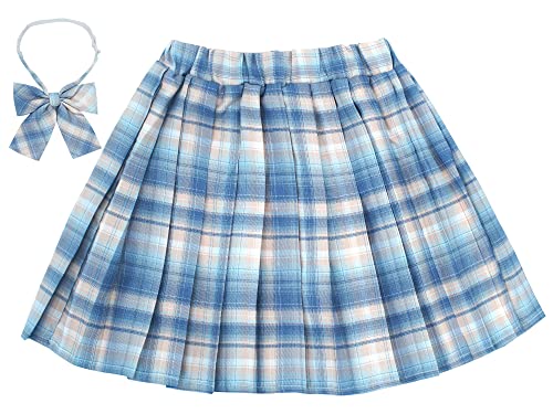 Maeau Faltenrock für Kinder Mädchen Rock Kariert Kurz Gefaltete Röcke Plissee Kilt Tartan Rock Elastische Taille Schulmädchen Schuluniform Minirock Schule Tennis Skater mit Shorts Blau 6-7 Jahre 130 von Maeau