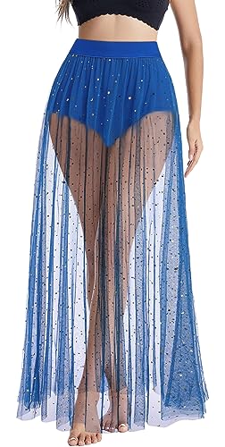 Maeau Glänzend Faltenrock Damen Transparent Netzrock Musikfestival Mesh Midikleid Sexy High Waist Wickelrock Pailletten Festival Rock Spitze Clubwear Cocktailkleid Party Rock M von Maeau