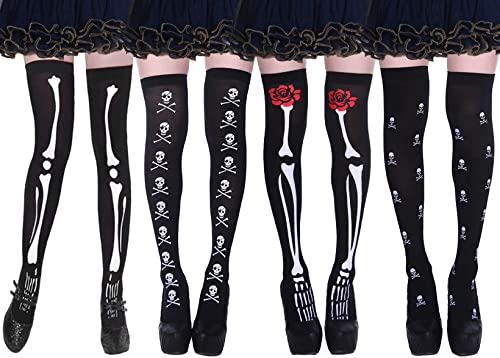 Maeau Halloween Oberschenkel Hohe Socken Erwachsene Frauen Overknee Lange Socken Schädel Skelett Kostüm Gothic Cosplay Socken 4 Stück 03 von Maeau