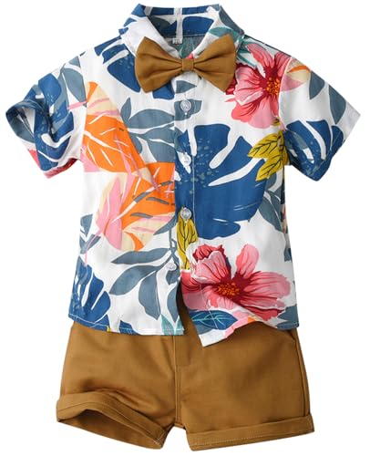 Maeau Hawaii Anzug Kinder Jungen Bekleidung Set Sommer 3 Stücke Freizeit Suit Kleinkinder Kurzarm T-Shirts Bedruckt Einreihig Hemd Baby Strand Shorts Tasche Kurze Hose Gentleman Schleife 130 5-6 J von Maeau
